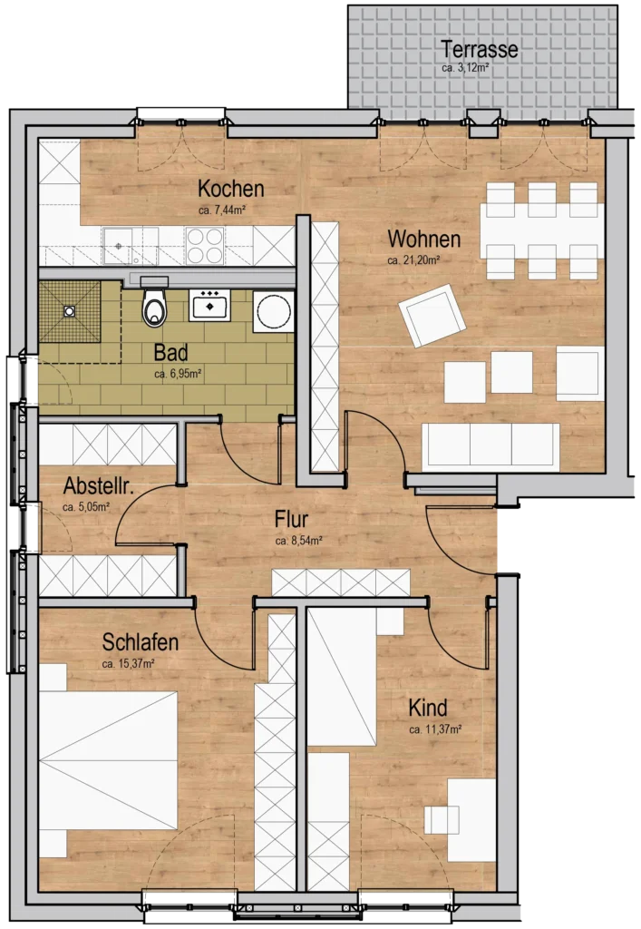 EG Grundriss der Wohnung im Neubauprojekt in Mühl Rosin