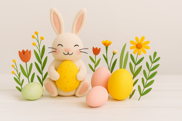 Das Foto zeigt einen Osterhasen mit Ostereiern.