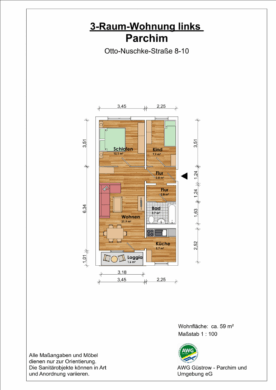 3-Raum-Wohnung mit Loggia - Grundriss (10900)