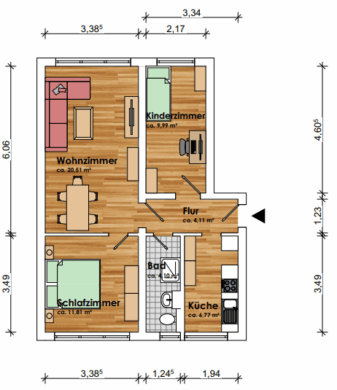 3-Raum-Wohnung in ruhiger Stadtrandlage im Luftkurort Krakow am See - Grundriss (11073)