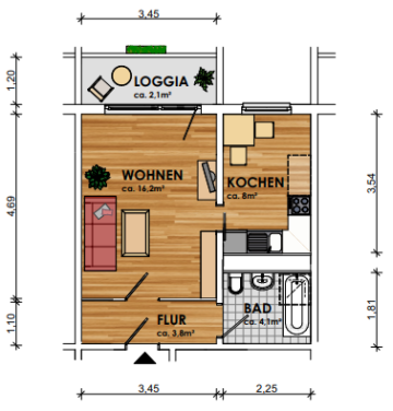 Erstbezug nach Sanierung 1 Raum Wohnung - Grundriss (11507)