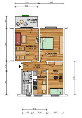Attraktive 3-Raum-Wohnung mit Balkon in Top Zustand! - Grundriss (10976)