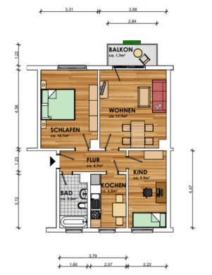 Erstbezug nach Sanierung 3 Raum Wohnung - Grundriss (14033)