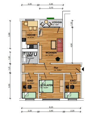 Helle 4-Raum-Wohnung im zweiten Obergeschoss! - Grundriss (11238)