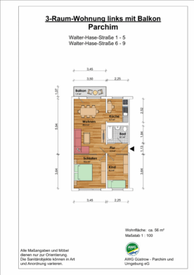 Familienfreundliche 3-Raum-Wohnung mit Balkon - Grundriss (10914)