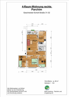 Familienfreundliche 4-Raum-Wohnung in der Parchimer Weststadt - Grundriss (12832)