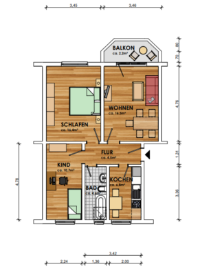 3-Raumwohnung mit Balkon in gepflegter Wohnumgebung - Grundriss (12431)