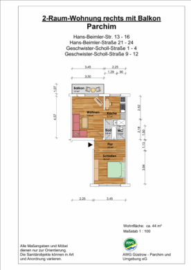 2-Raum-Wohnung mit Balkon in der Parchimer Weststadt - Grundriss (14011)
