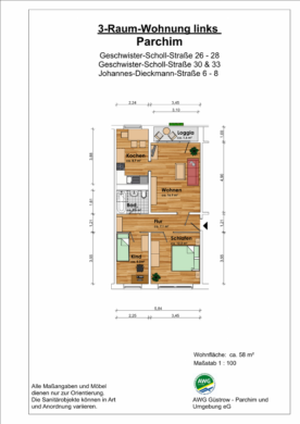 3-Raum-Wohnung mit Loggia - Grundriss (14317)