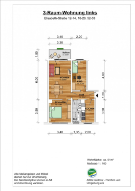 Erstbezug nach Sanierung – 3-Raum-Wohnung in der Weststadt! - Grundriss (14029)