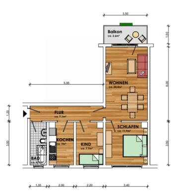 Erstbezug nach Sanierung – 3-Raum-Wohnung im ersten Obrgeschoss! - Grundriss (12302)
